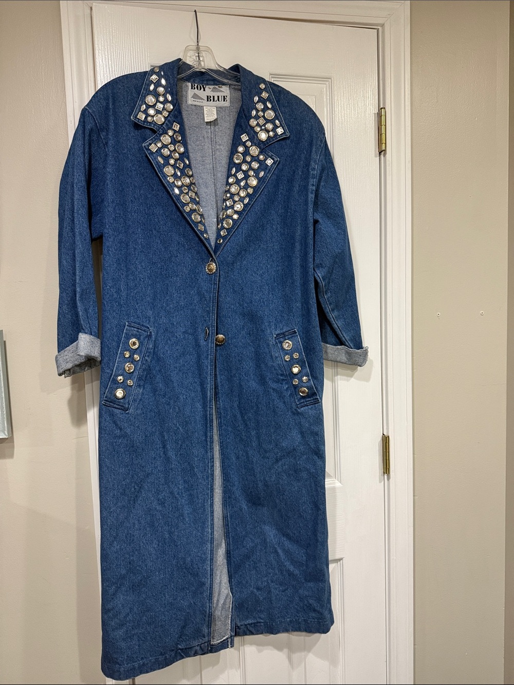 Blue long jean jacket with diamond studs